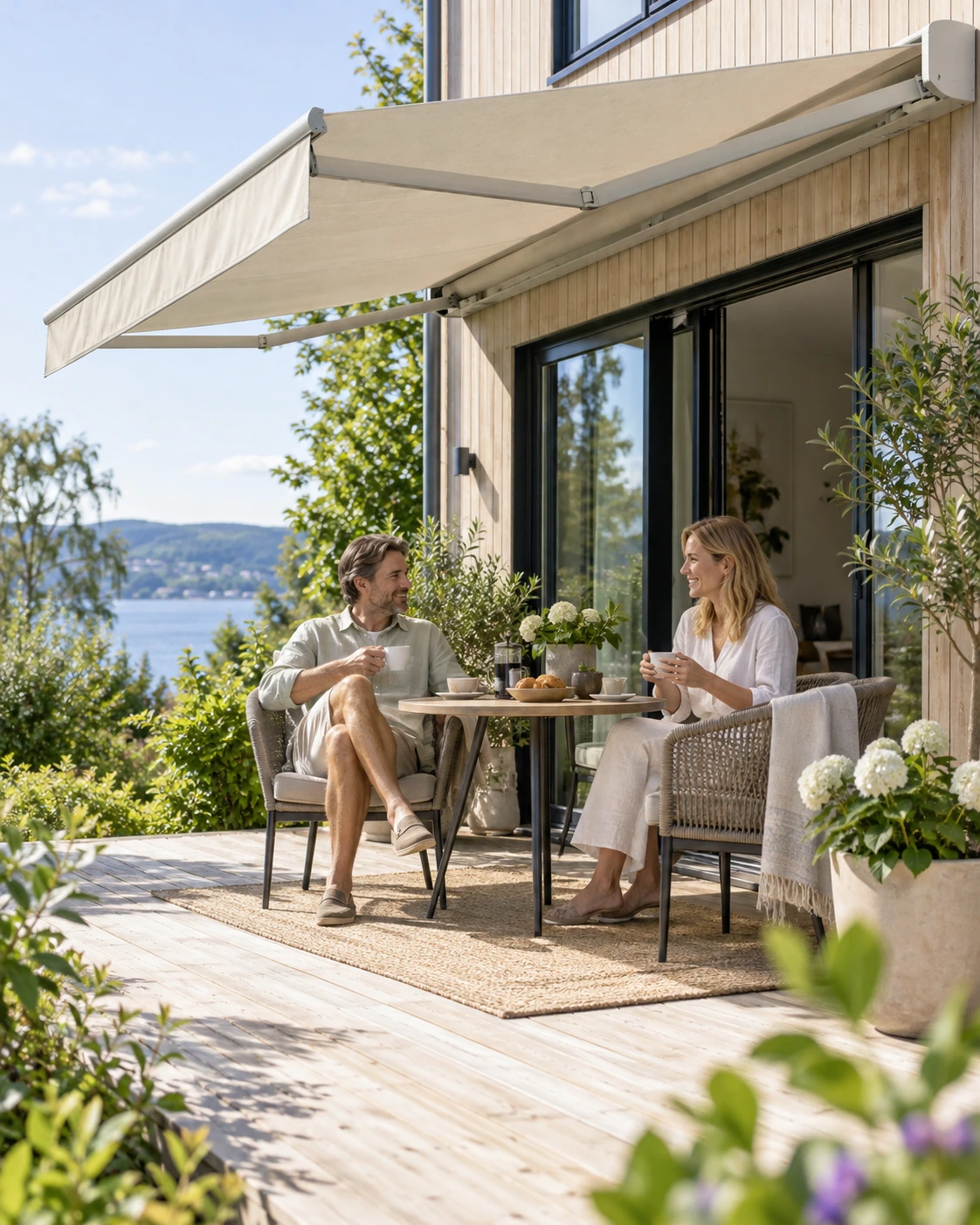 Illustrasjonsfoto: to personer nyter en lys sommerdag på terrassen under en markise